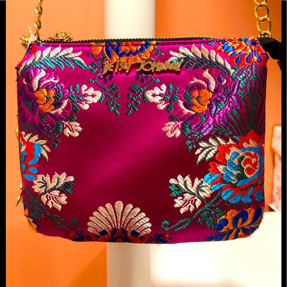 Betsey Johnson silk embroidered cross body bag.